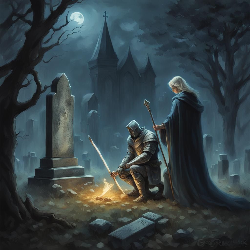 Haunted Knight at Gravesite in Eerie Style