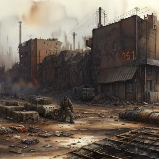 Exhausted Soldier in Post-Apocalyptic Watercolor Wasteland
