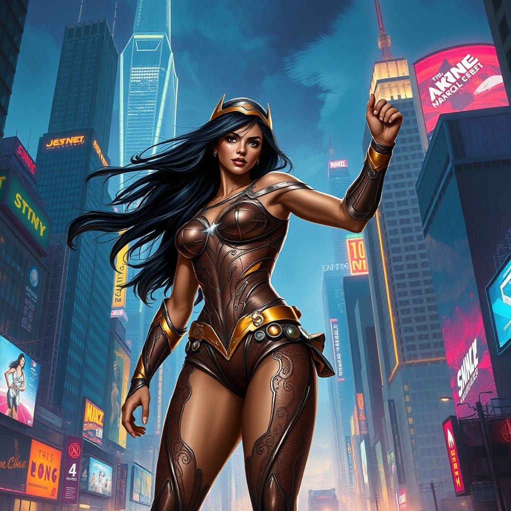 Heroic Female Superhero in Vibrant City Future