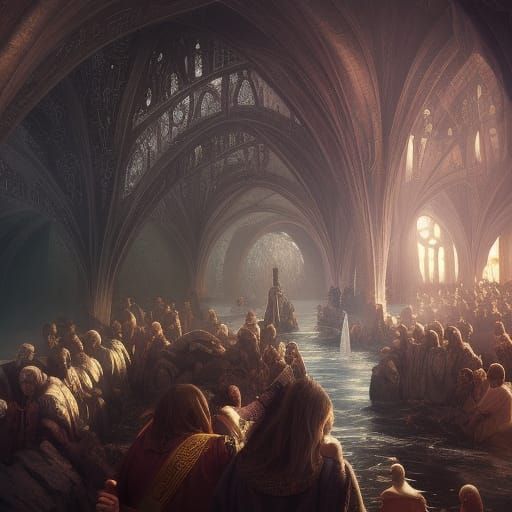Fantasy Baptism Scene in Detailed Matte Painting Style