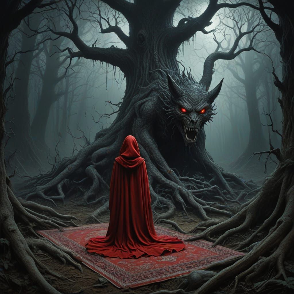 Surreal Little Red Riding Hood on Magic Carpet with Demon