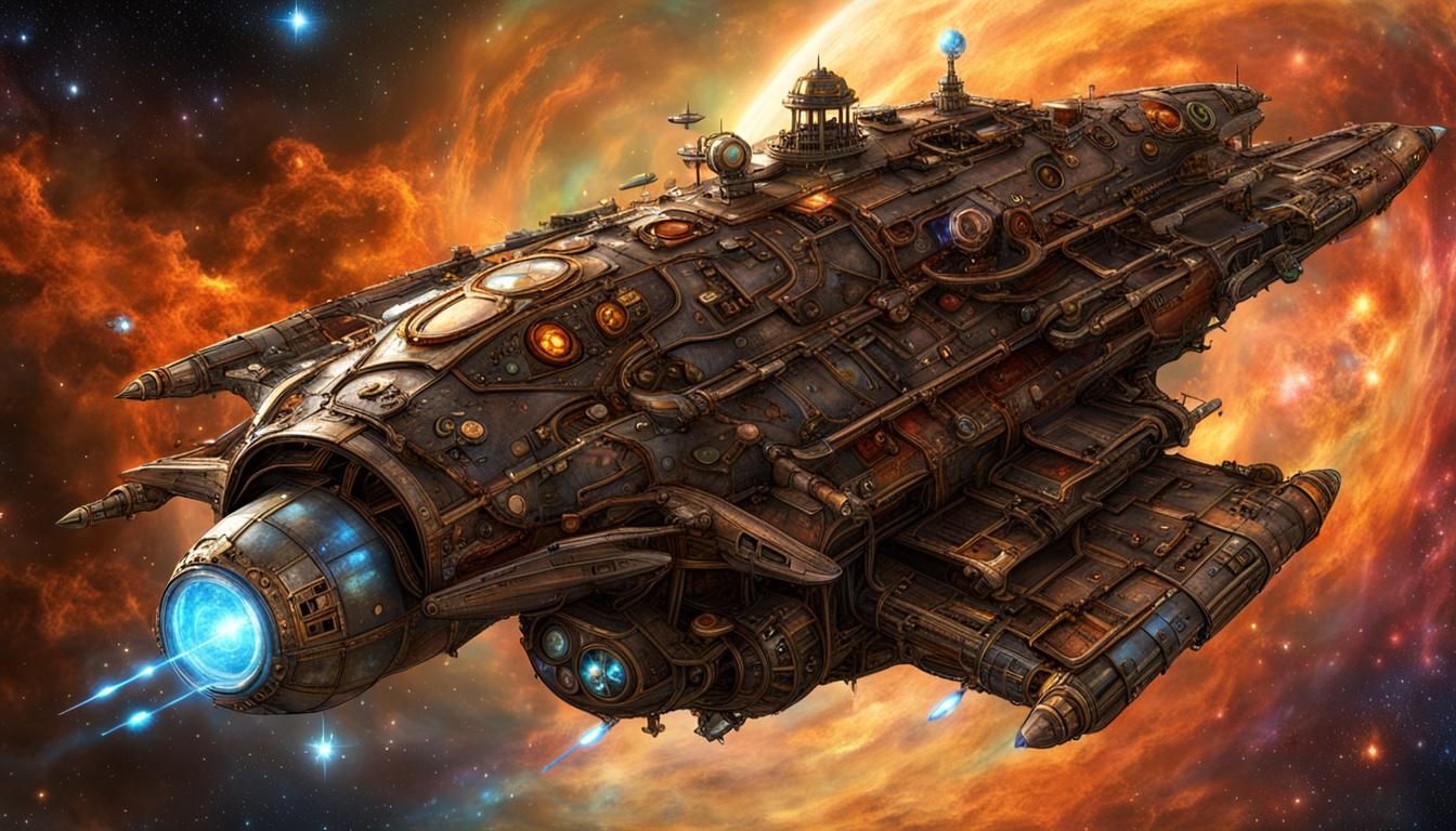Steampunk Starship Soaring Through Nebula