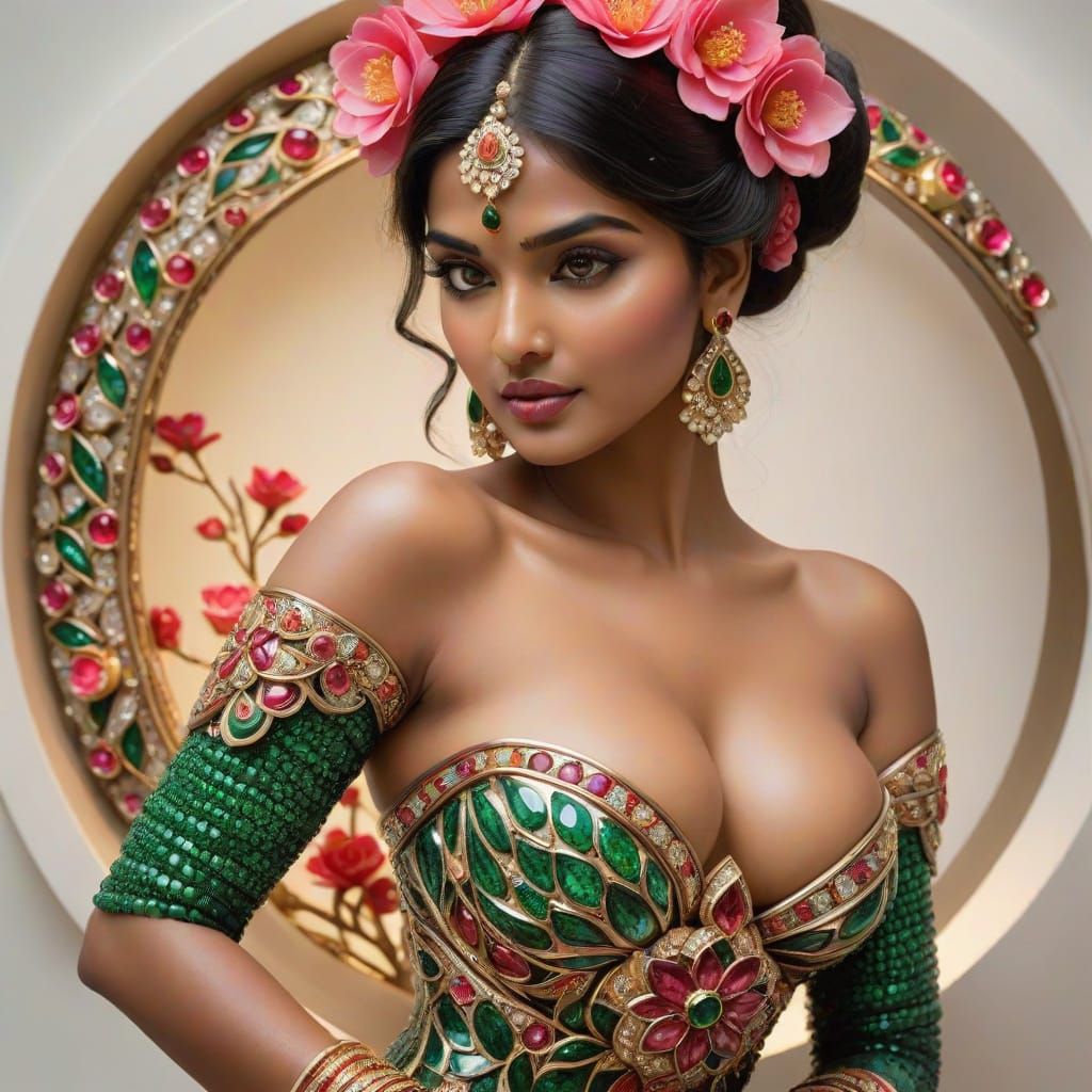 Exotic Indian Beauty Emerging from Tsavorite Gemstone Vase