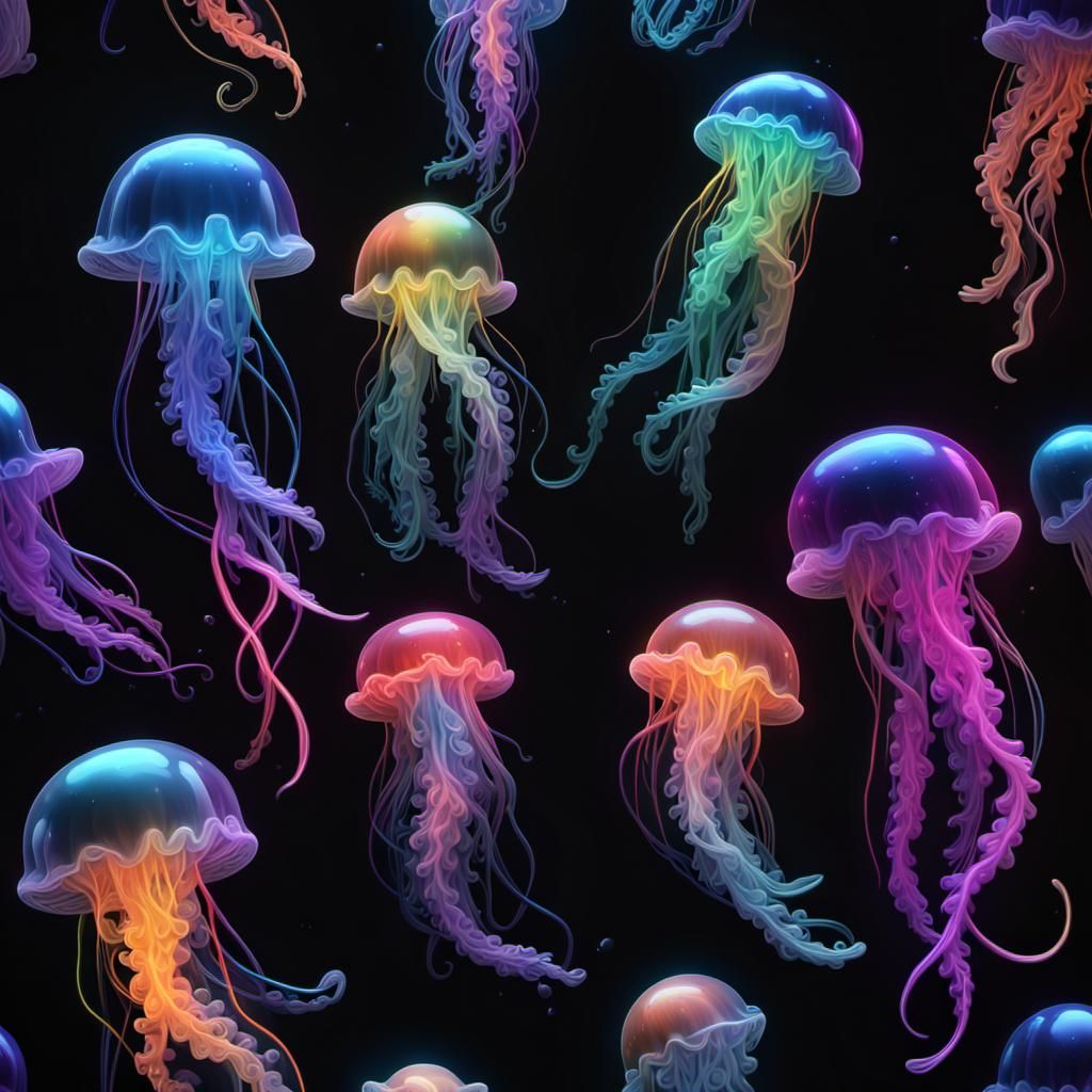 Neon Jellyfish: Detailed Digital Art in Deep Color