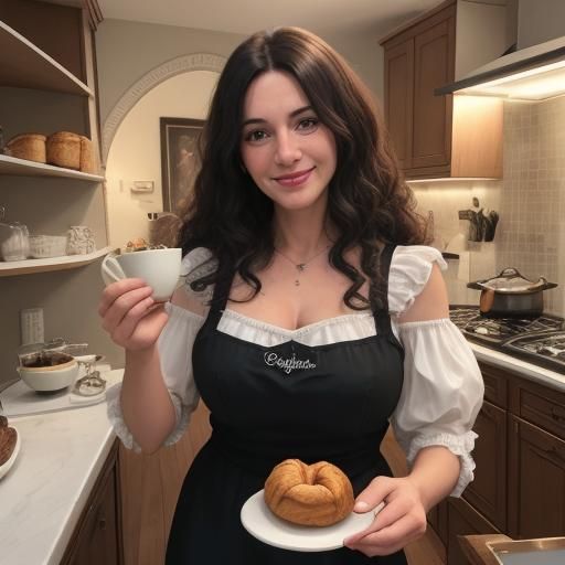 Smiling Woman Enjoying Breakfast in Kitchen: Digital Paintin...