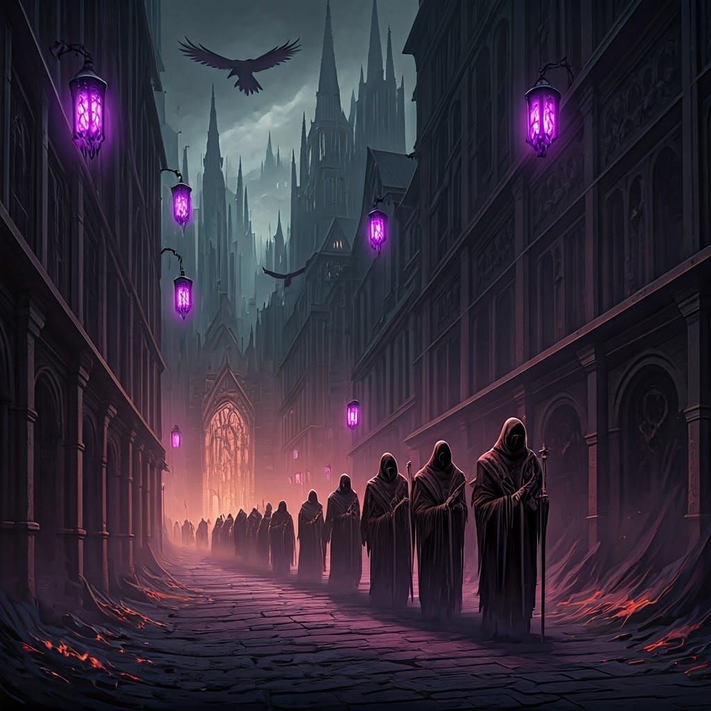 Mysterious Procession in Umbrithis Under Violet Twilight