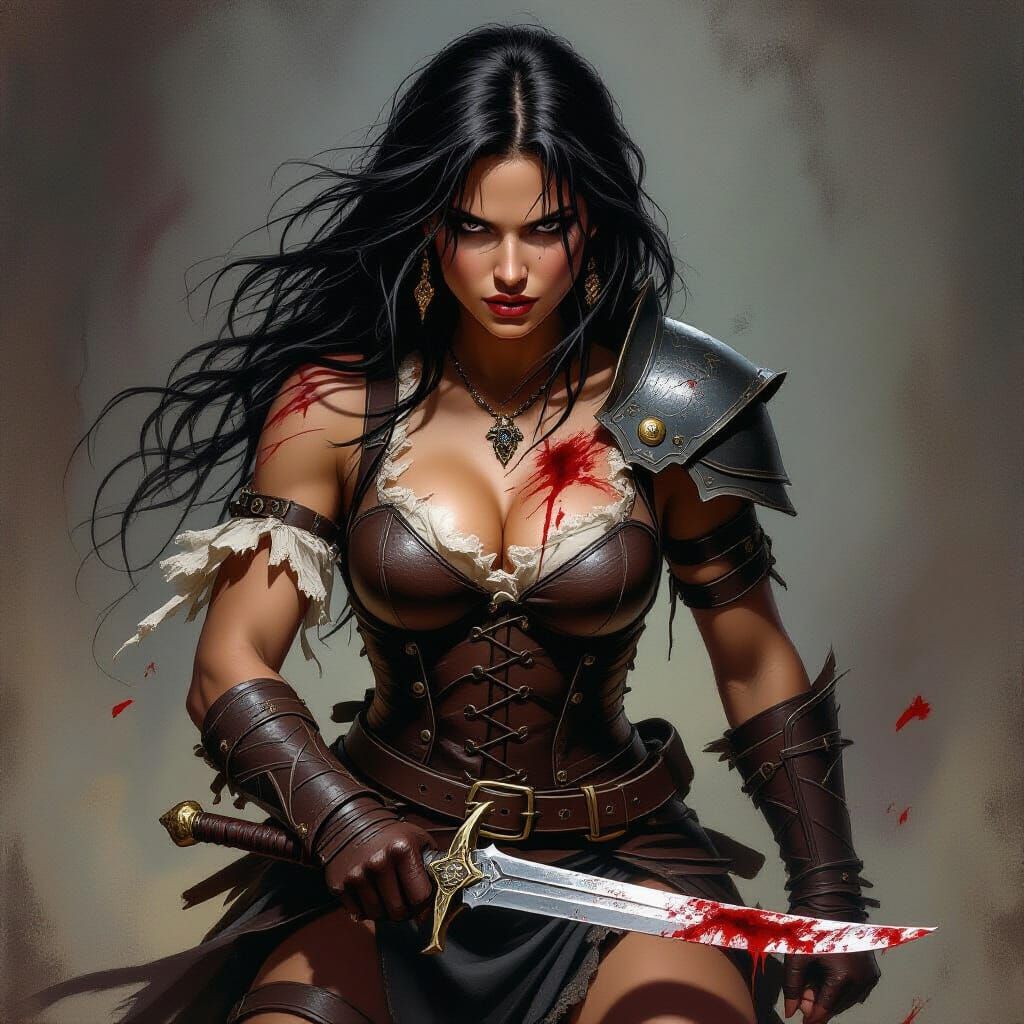 Frenzied Female Warrior with Bloody Dagger