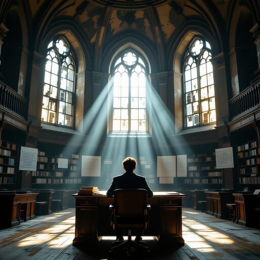Solitary Scholar in Ancient Library, Cinematic Photograph