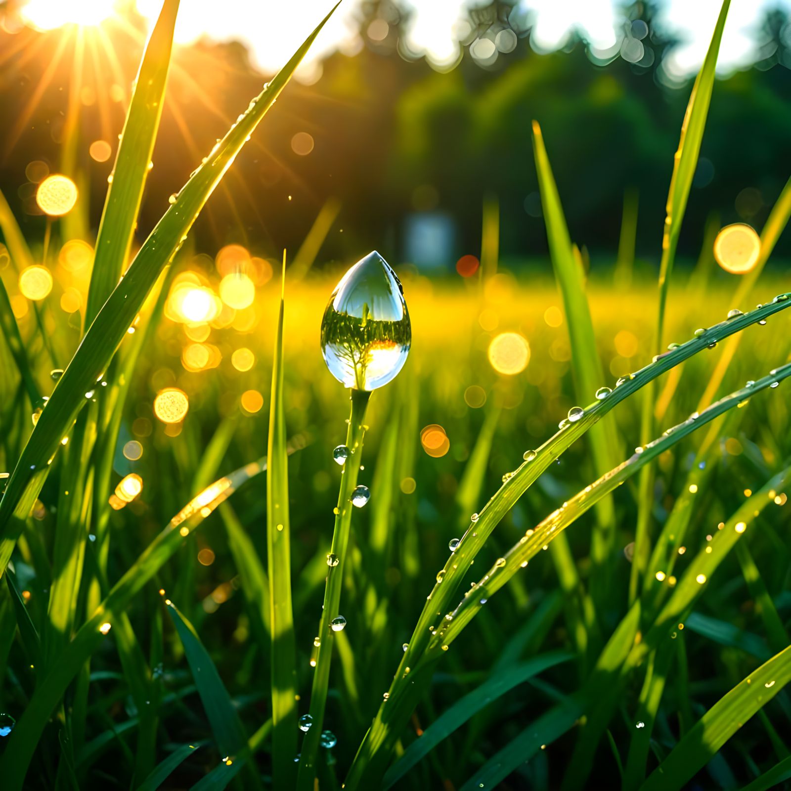 Glistening Dewdrop Macro Photograph in Sunlit Meadow