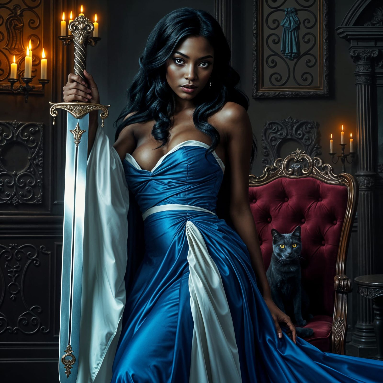 Ebony Vampire with Sword in Gothic Moonlight