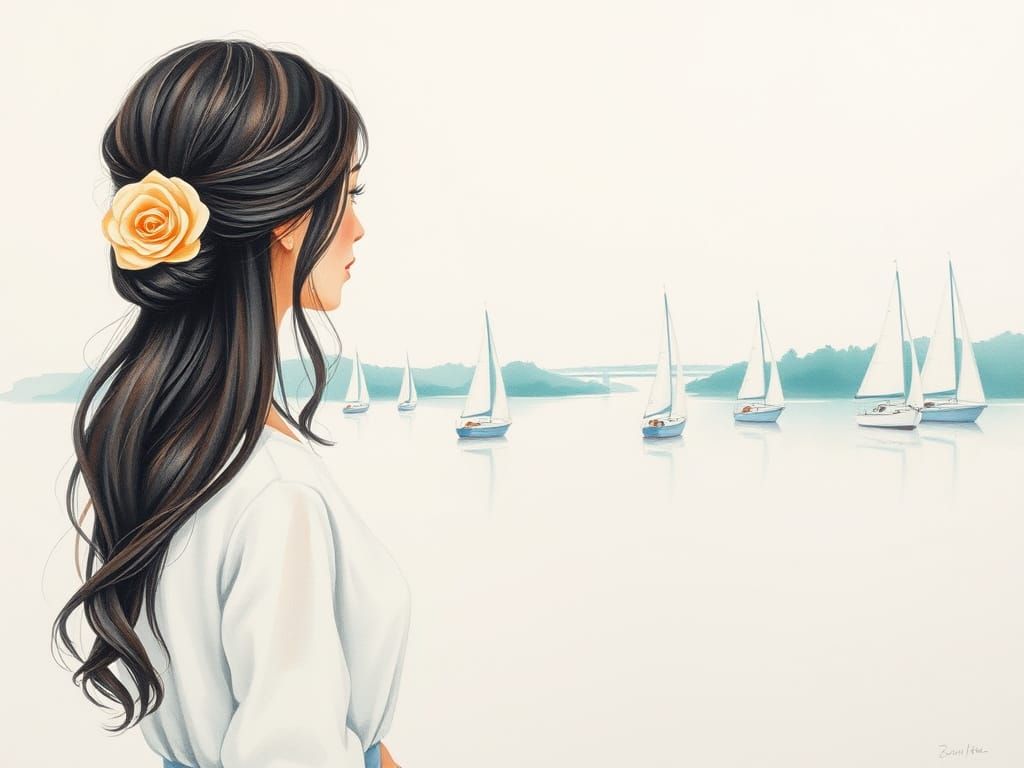 Watercolor Portrait of Woman Gazing at River