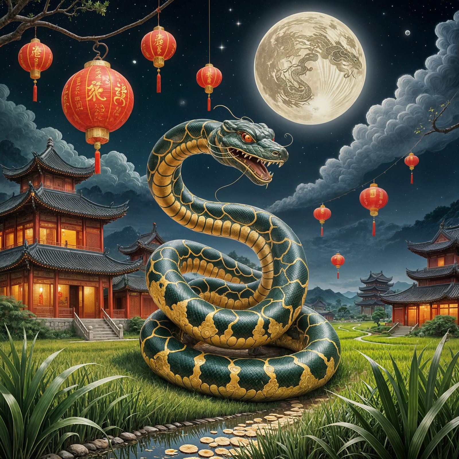 Ancient Wisdom Rises: Chinese New Year Snake in Rice Fields