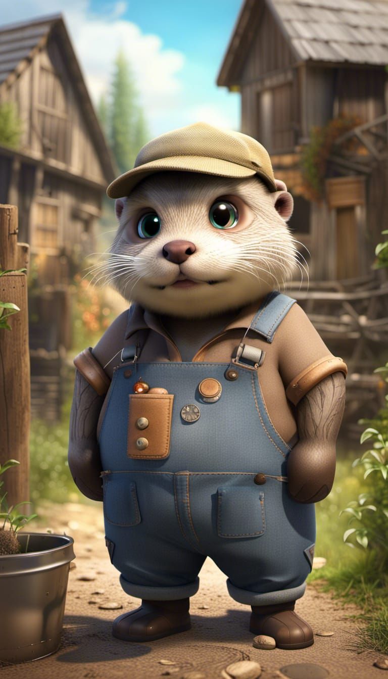 Chibi Otter Farmer in Rustic Village, 3D Render