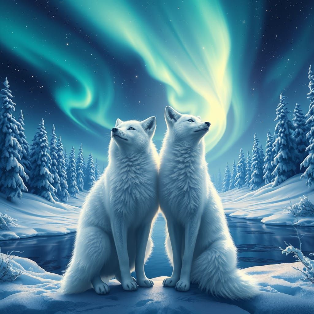 Ethereal Fox Couple Admires Aurora Borealis in Winter Wonder...