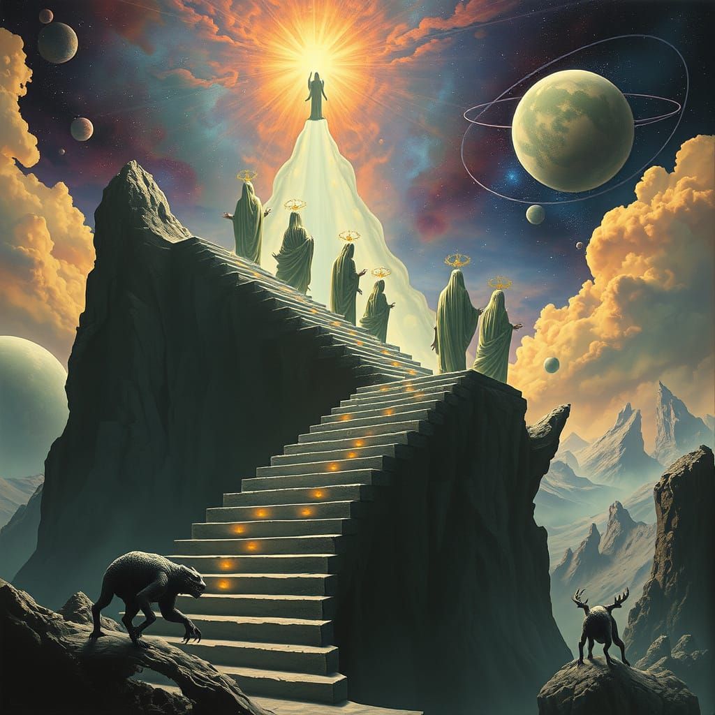 Cosmic Goddesses Ascend Dreamlike Stairways