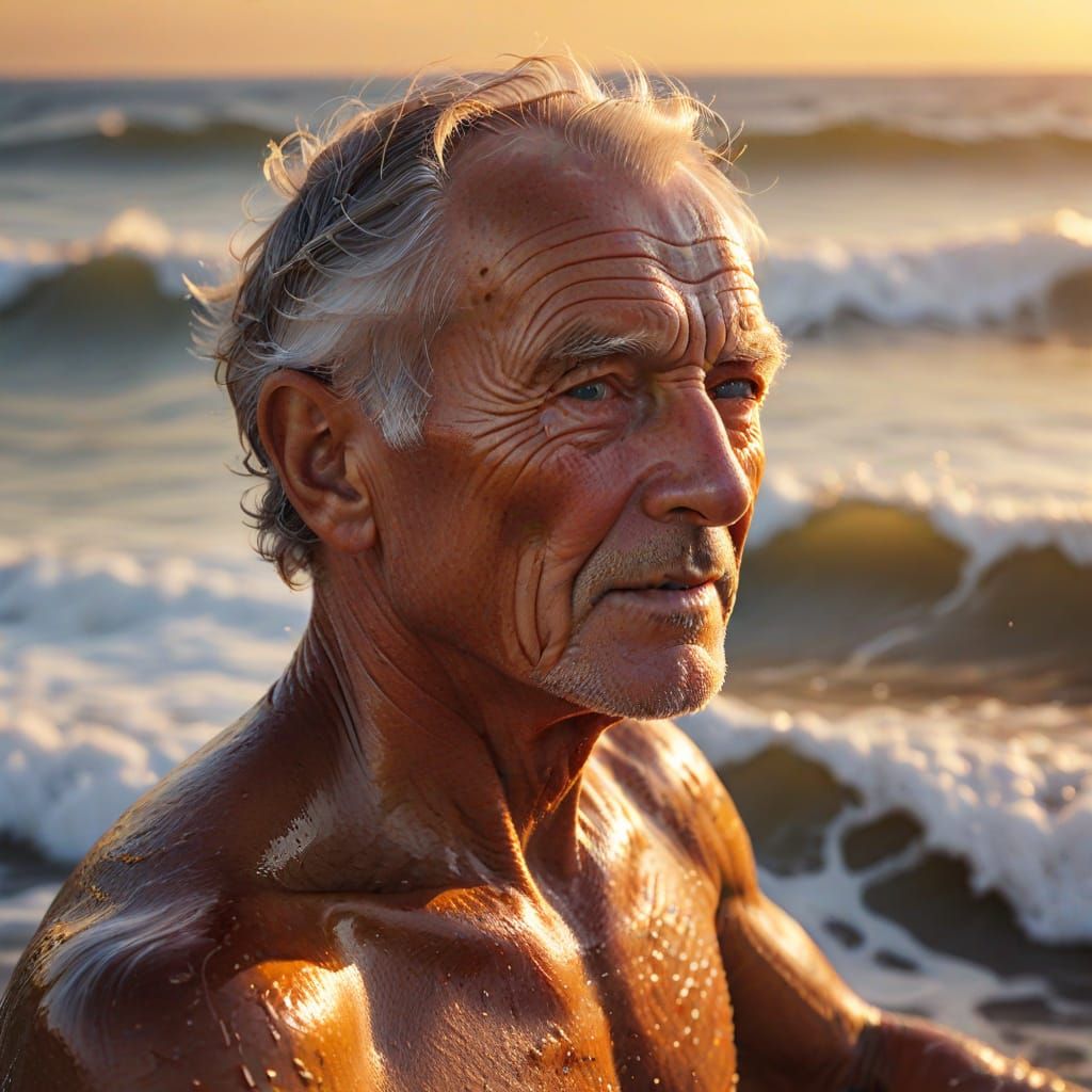 Surfing Elder in Golden Hour: Oil Painting Style