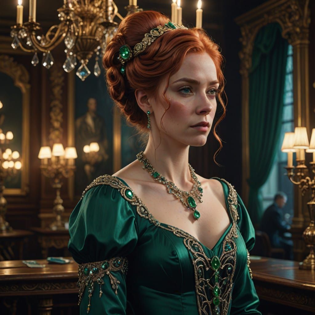 Confident Red Haired Woman in Emerald Gown, 19th Century Gam...
