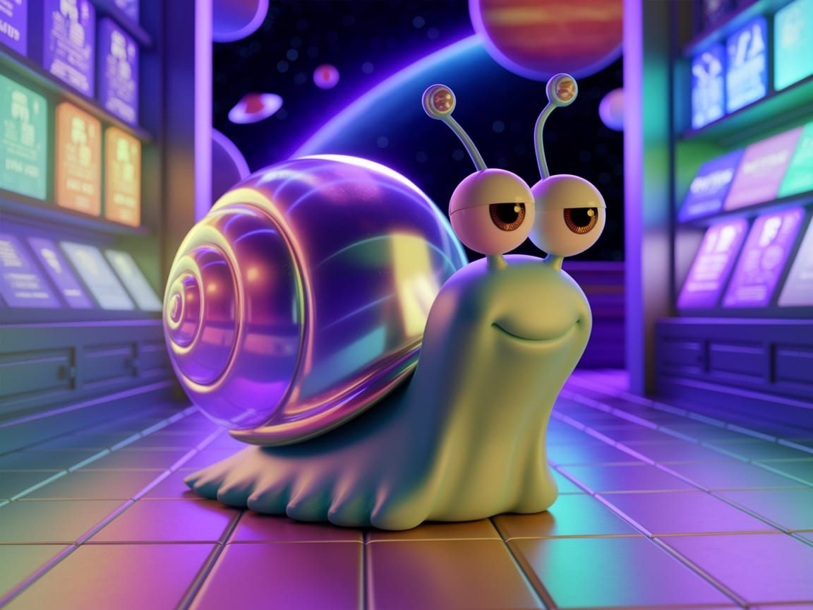 Curious Snail Explores a Space Shop in CGI Cartoon