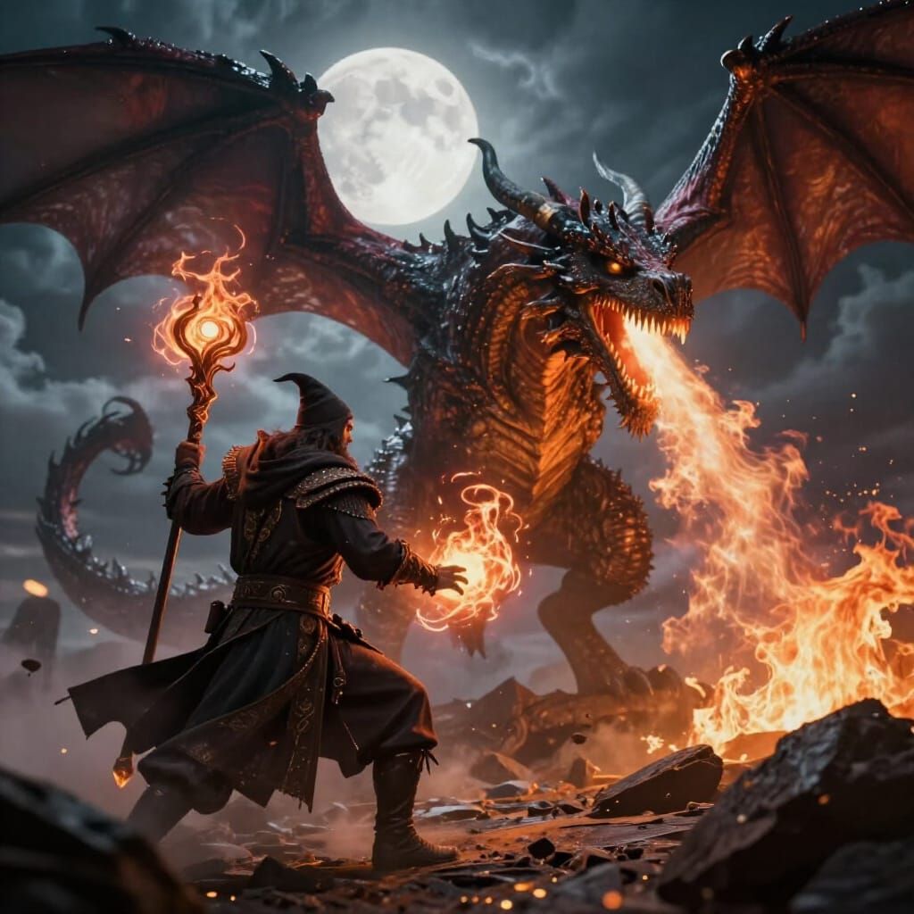 Wizard Battles Giant Dragon in Epic 3D Render