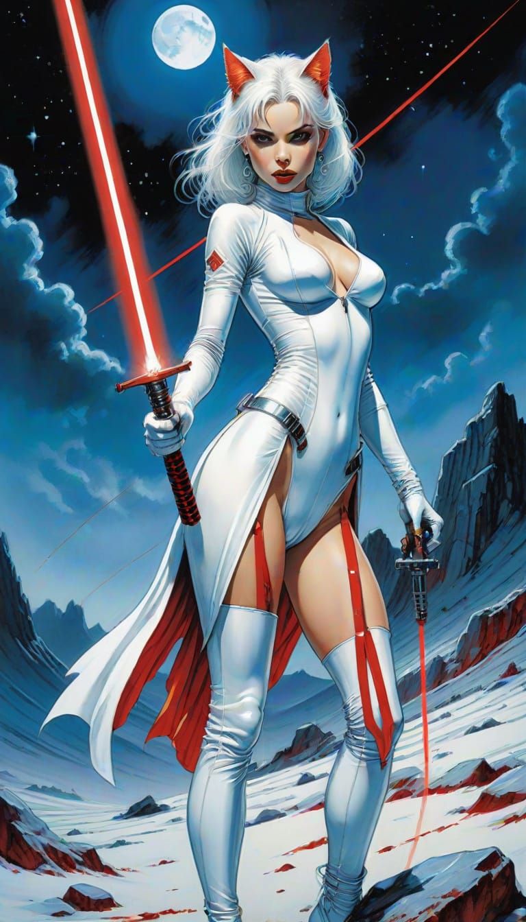 Sci-Fi Comic Art: Cat-Eared Warrior with Laser Sword