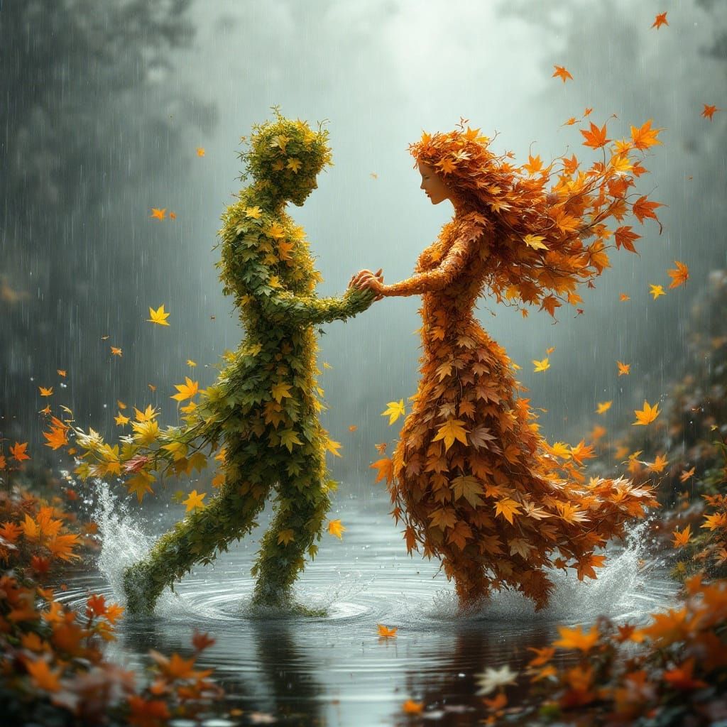 Autumn Leaf Figures Dancing in the Rain