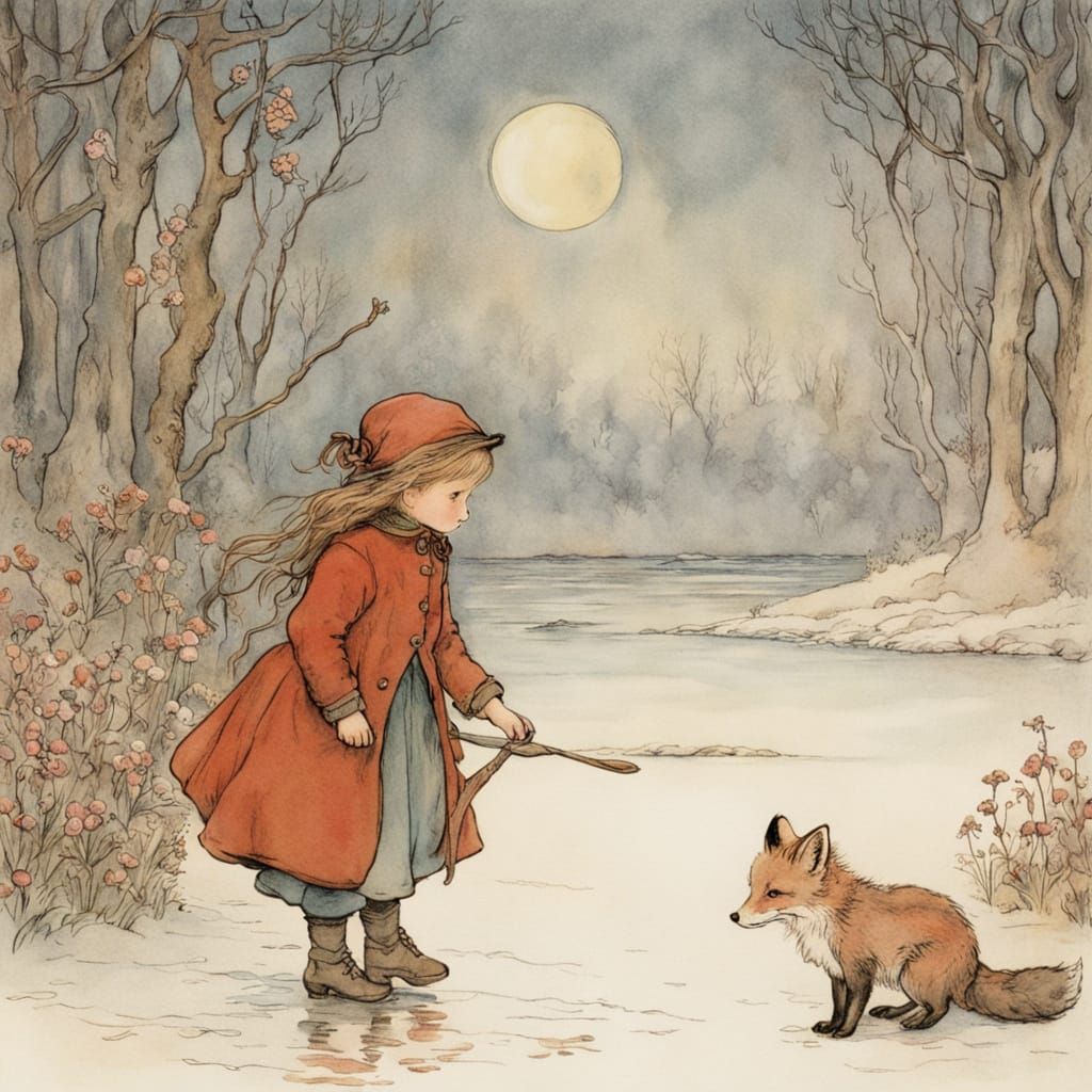 Whimsical Winter Wonderland with Little Girl on Frozen Lake