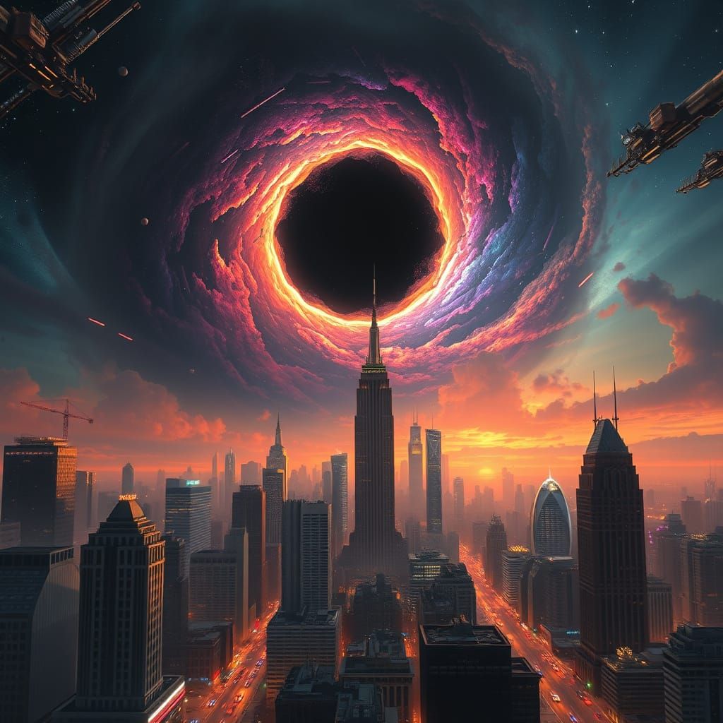 Cosmic Black Hole Forms Over Retro-Futuristic Cityscape