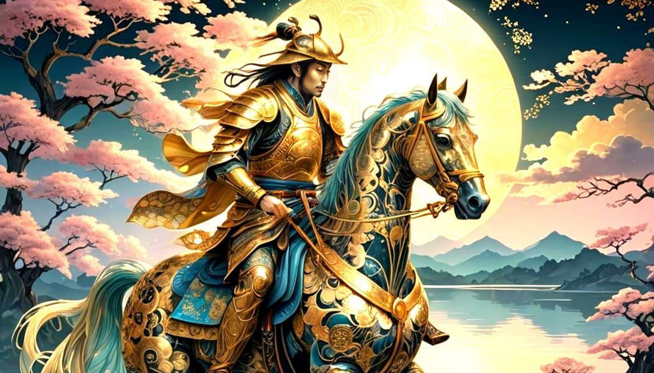 Bioluminescent Gold Samurai on Horseback: Abstract Fractal A...