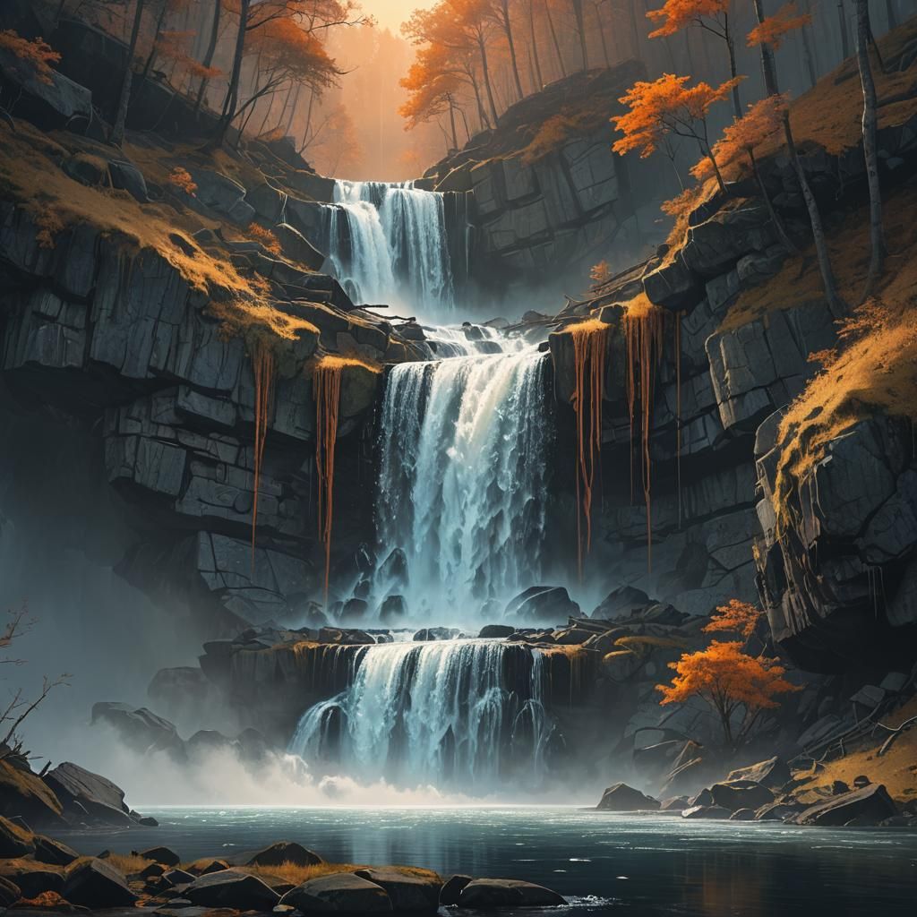 Waterfall Flows from Mountain Picture: Fantasy Art