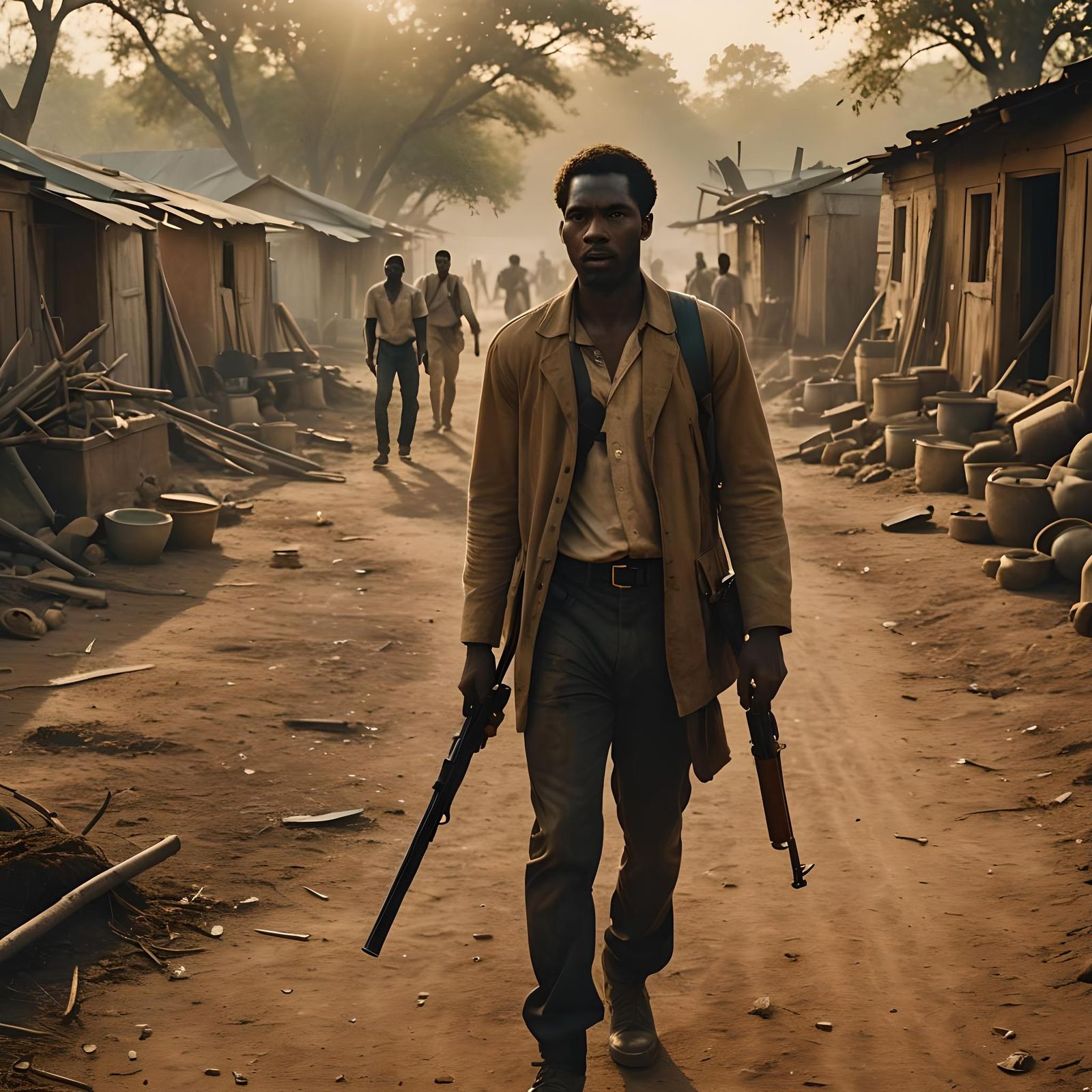 Injured Man Seeks Refuge: Cinematic Film Still