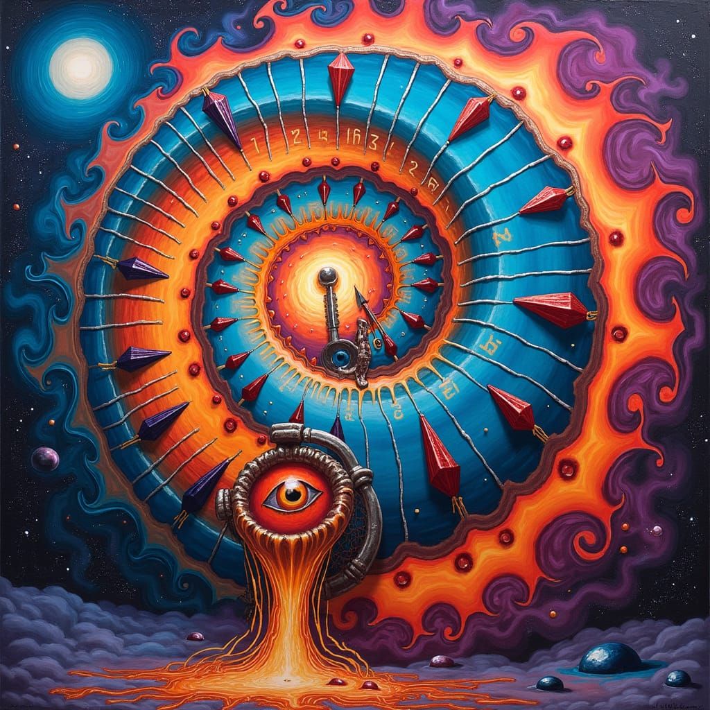 Surreal Galaxy Graffiti: Fibonacci Spiral Melting Clock