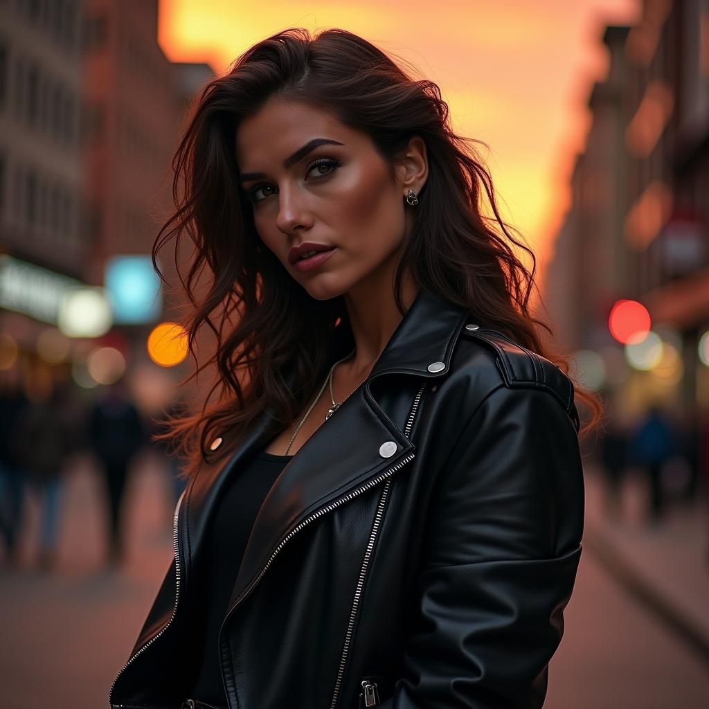 Confident Woman in Leather Jacket, Urban Art Style