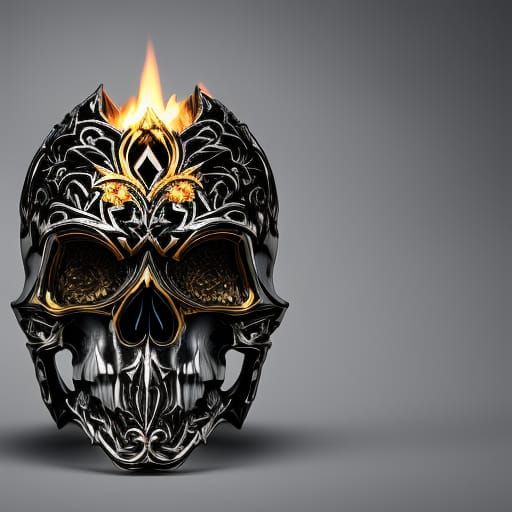 Fiery Black Skull with Gold Filigree, Digital Art
