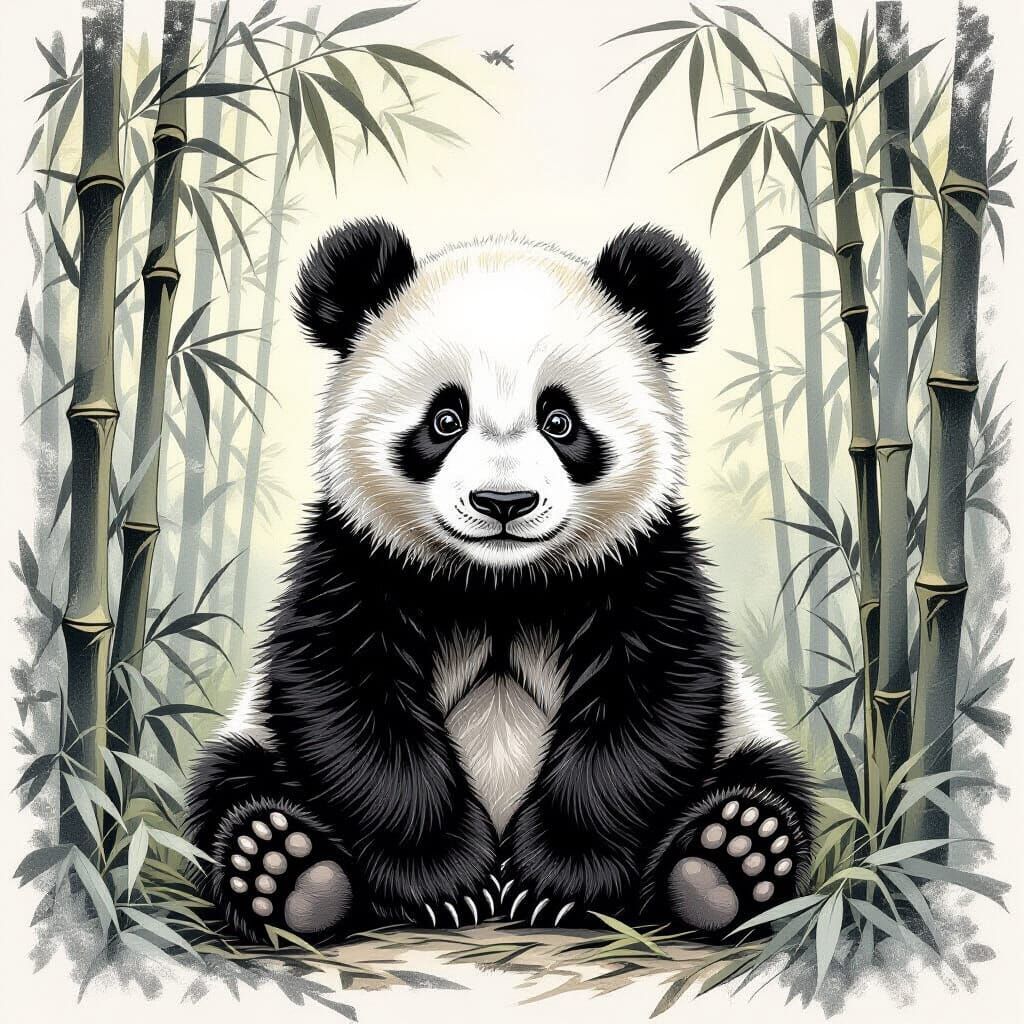 Adorable Panda Bear in Charcoal Drawing Style