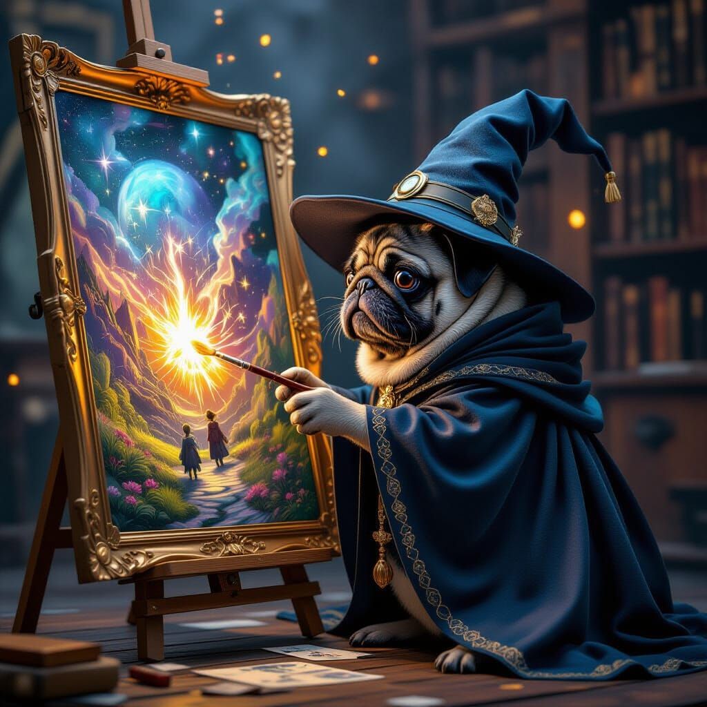 Pug Wizard Paints Magical Portrait in Fantasy Concept Art St...