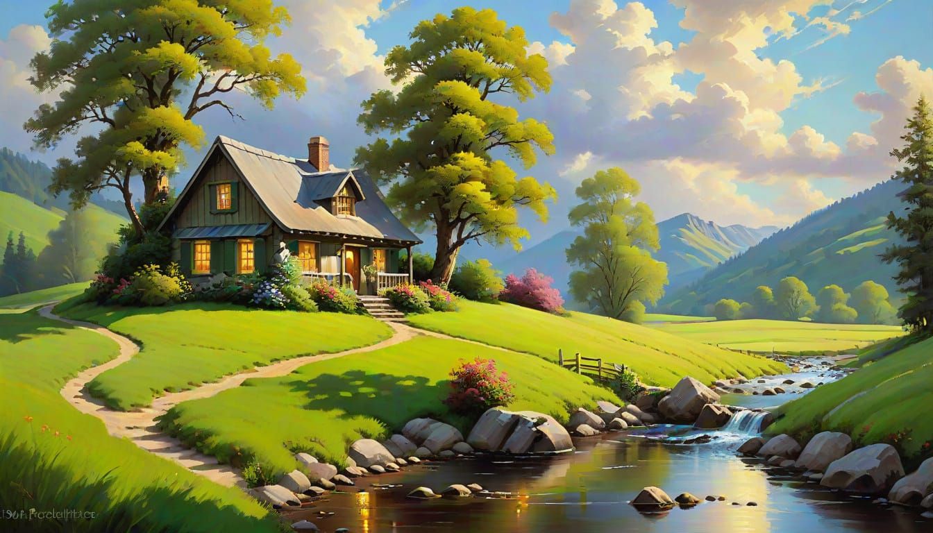 Cozy Cottage Landscape Painting in Bob Ross Style