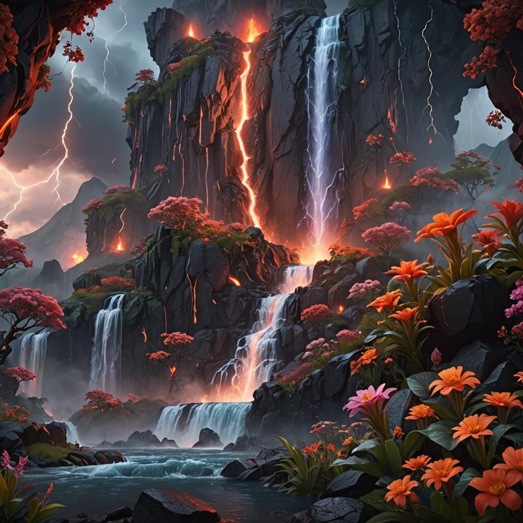 Volcano Landscape with Lightning and Flowers