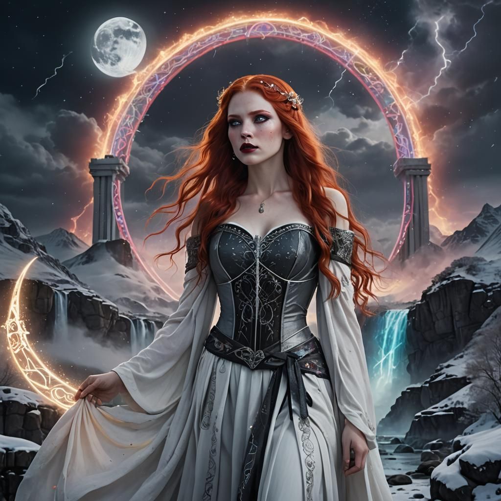 Goddess on Rainbow Bridge in High Fantasy Style