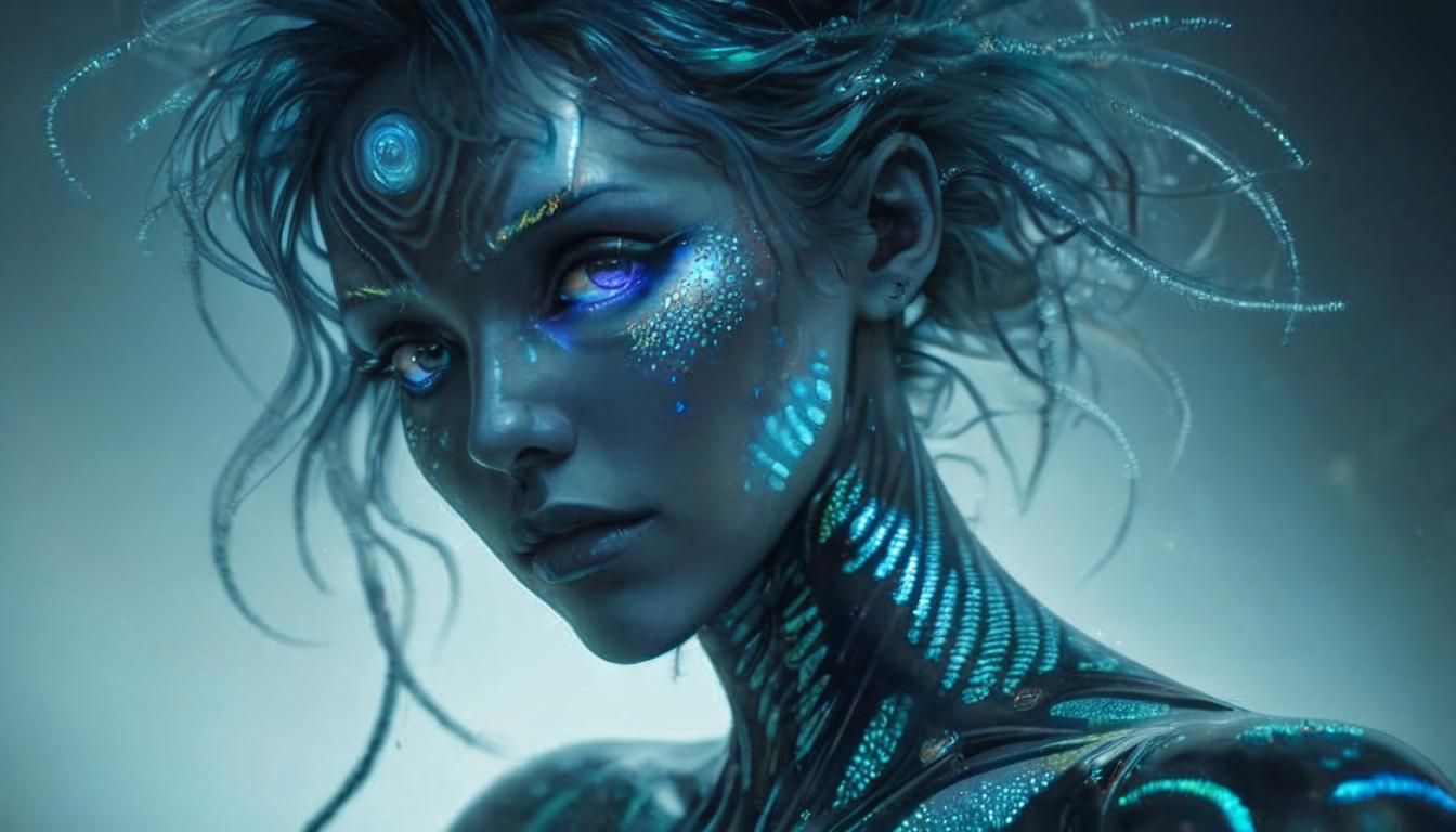 Biopunk Humanoid Emerges in Bioluminescent Moonlight