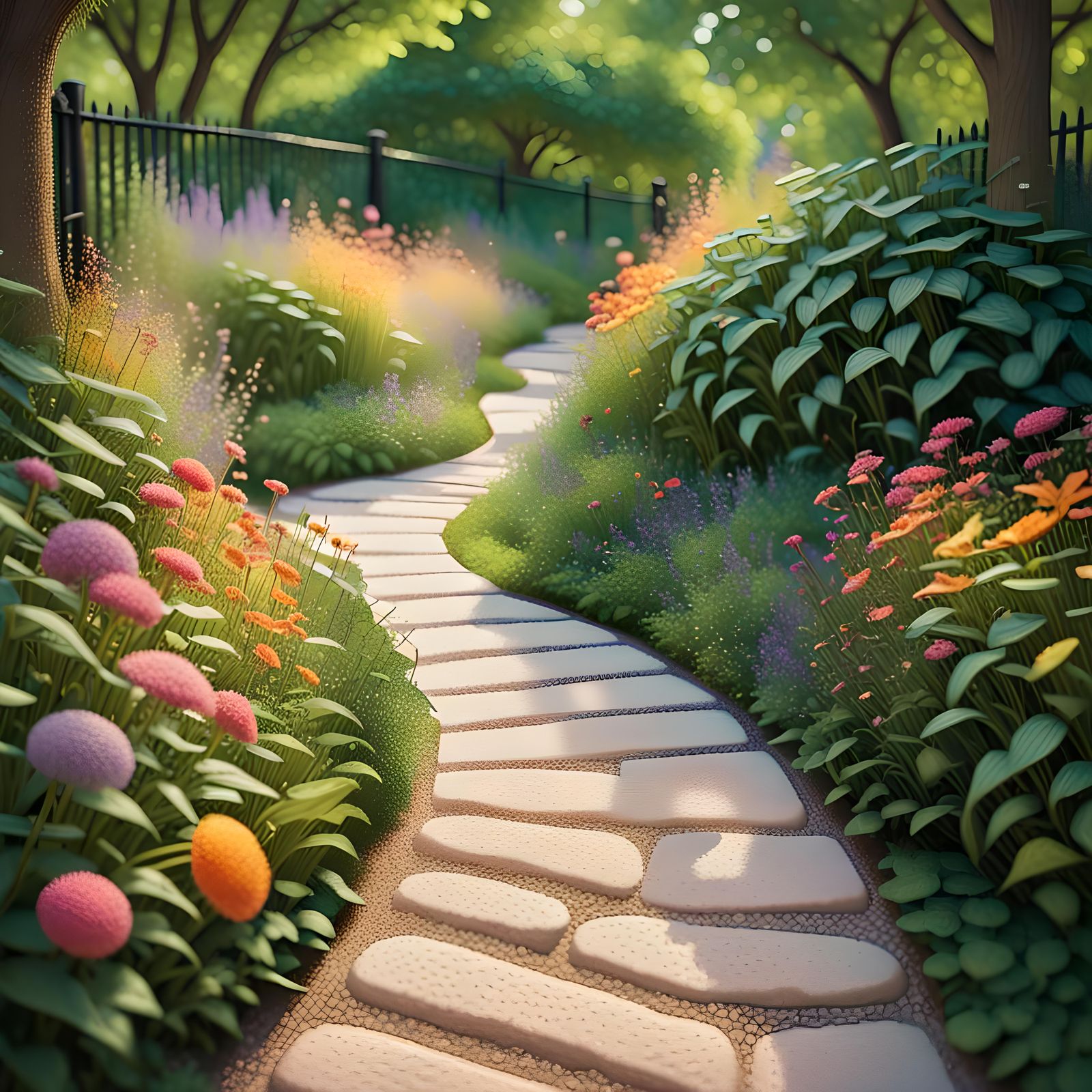 Chicago Urban Garden Path in Pointillism Style