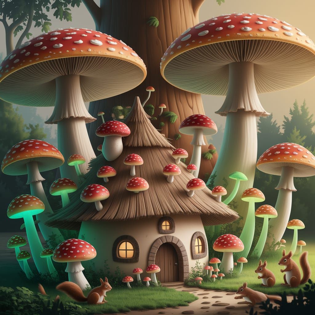 Whimsical Mushroom Village in a Forest Glade