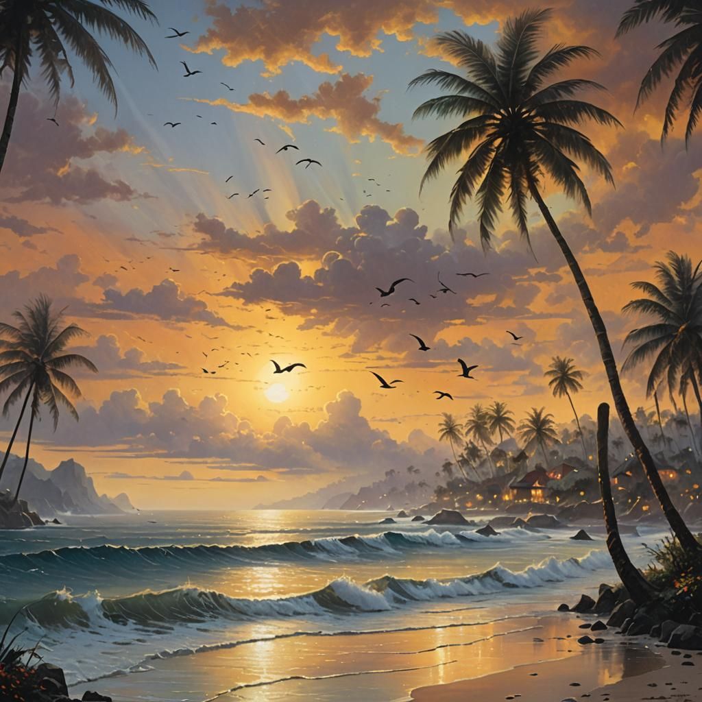 Ocean Sunset with Coconut Trees in Kinkade Style