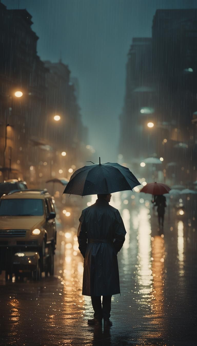 Rainy Cityscape Film Still with Moody Lighting
