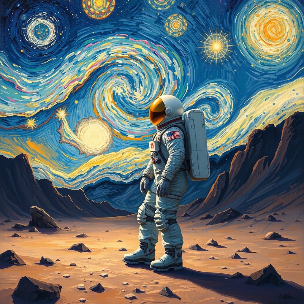 Astronaut Gazes at Nebula in Van Gogh Style