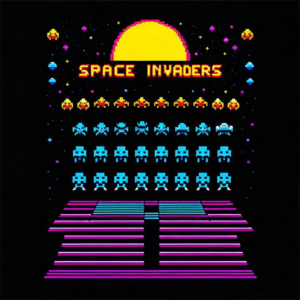 Retro 80's Space Invaders Arcade Game in Pixel Art
