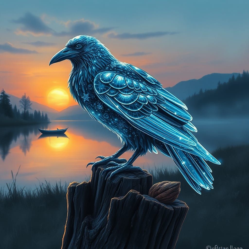Bioluminescent Crystal Raven Watercolor Fantasy