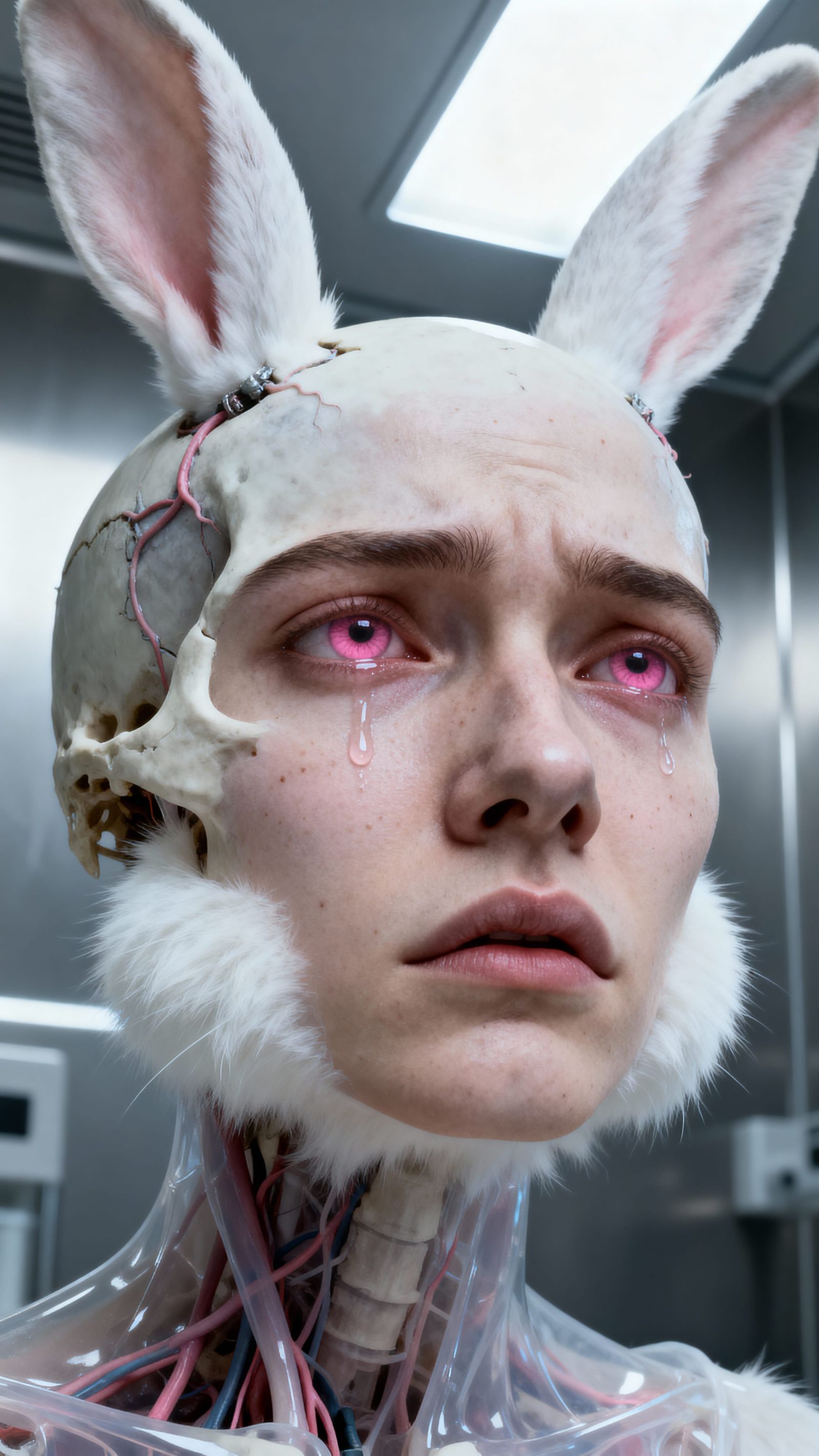 portrait of a human-rabbit hybrid.