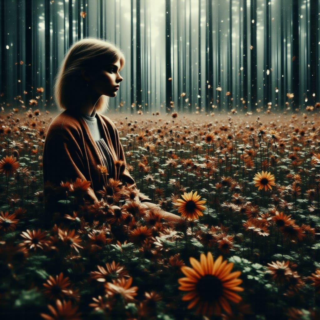 Woman Plays Piano in Autumn Pine Forest