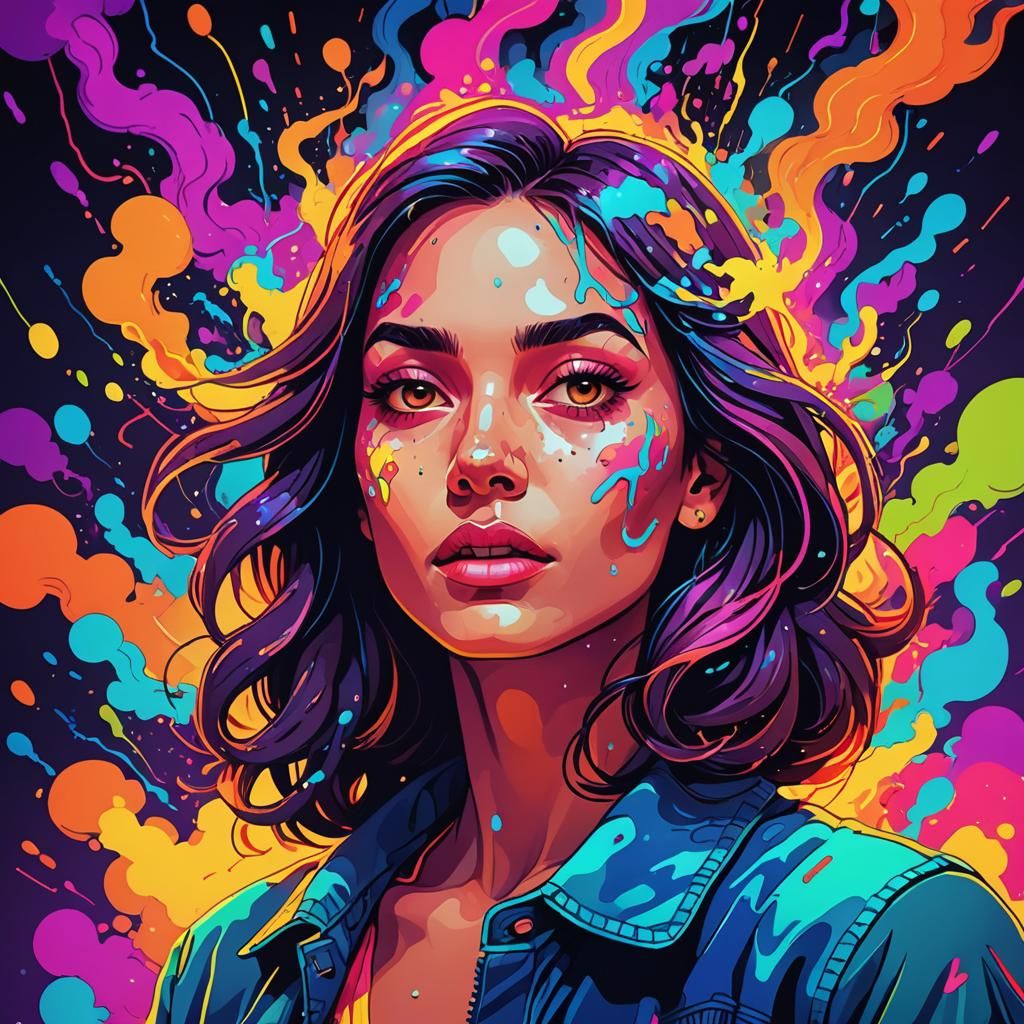 bold neon colors, cartoon style illustration of a woman as she sees the world while experiencing hallucinations, stoned,...
