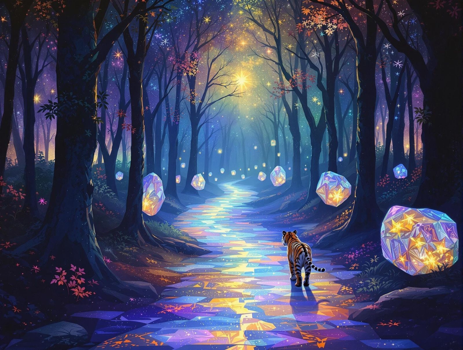 Enchanted Forest with Tiger in Encaustic Style